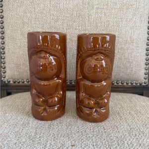 Vintage Tiki Mug Ceramic DW114 Grimacing Brown Cup Vase 6" set 2